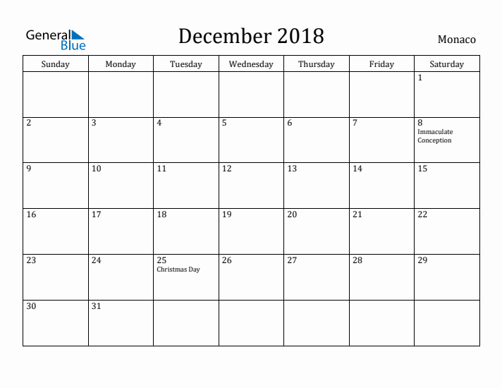 December 2018 Calendar Monaco