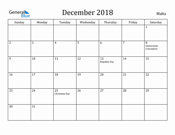 December 2018 Calendar Malta