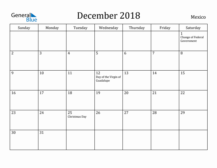 December 2018 Calendar Mexico