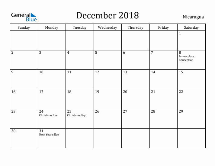 December 2018 Calendar Nicaragua