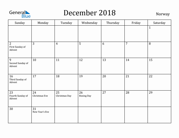 December 2018 Calendar Norway