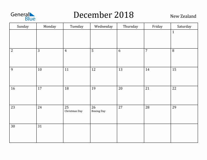 December 2018 Calendar New Zealand