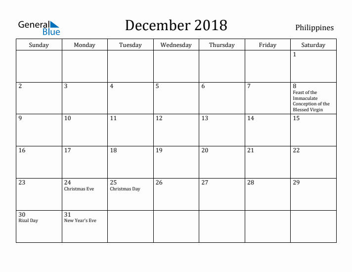 December 2018 Calendar Philippines