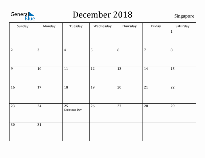 December 2018 Calendar Singapore