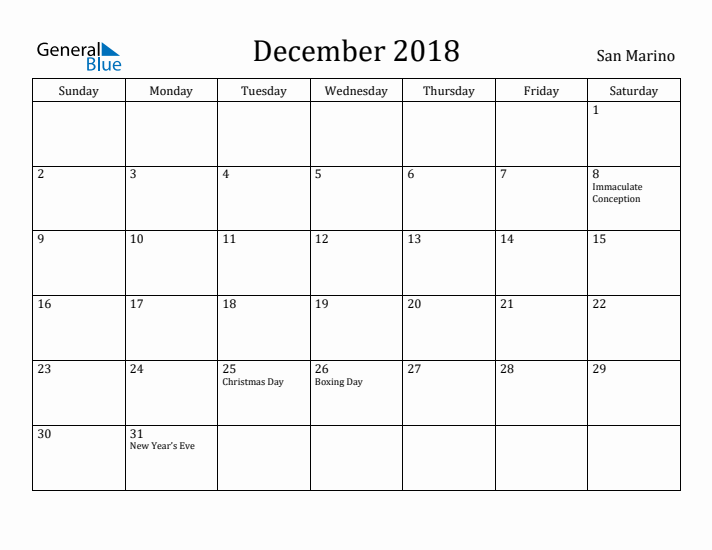 December 2018 Calendar San Marino