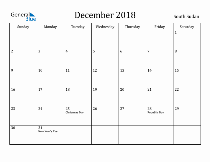 December 2018 Calendar South Sudan