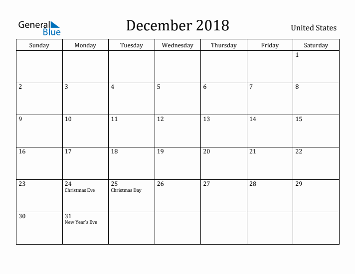 December 2018 Calendar United States