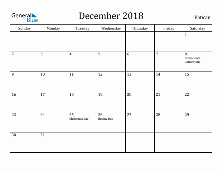 December 2018 Calendar Vatican