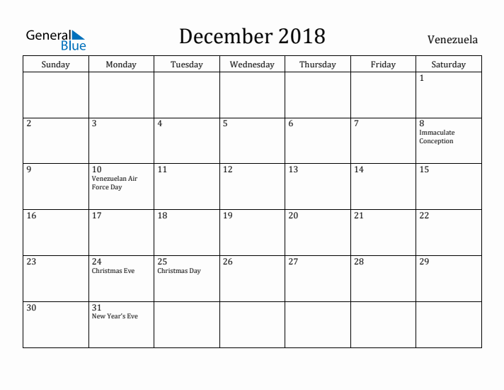 December 2018 Calendar Venezuela