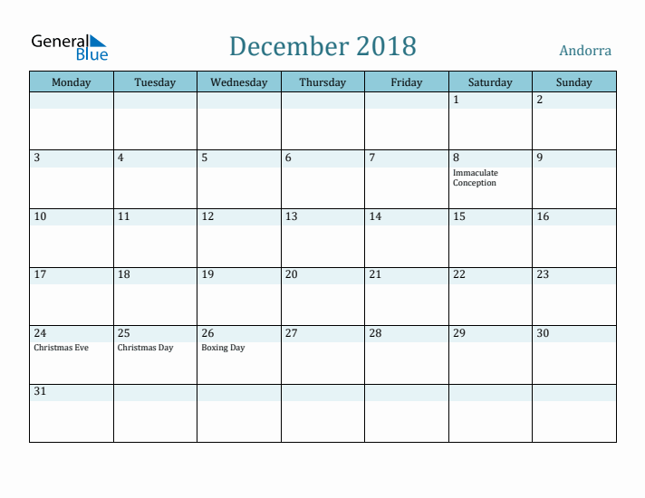 December 2018 Calendar with Holidays