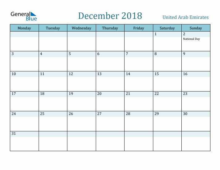 December 2018 Calendar with Holidays