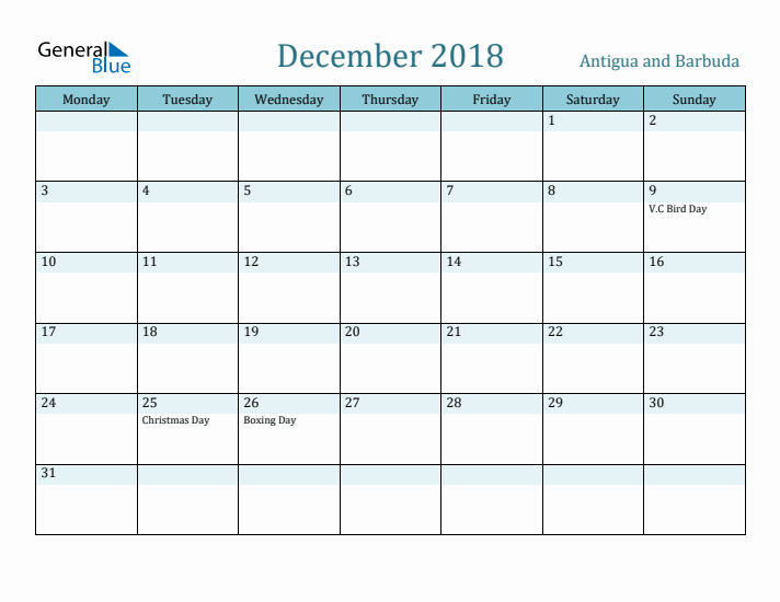 December 2018 Calendar with Holidays