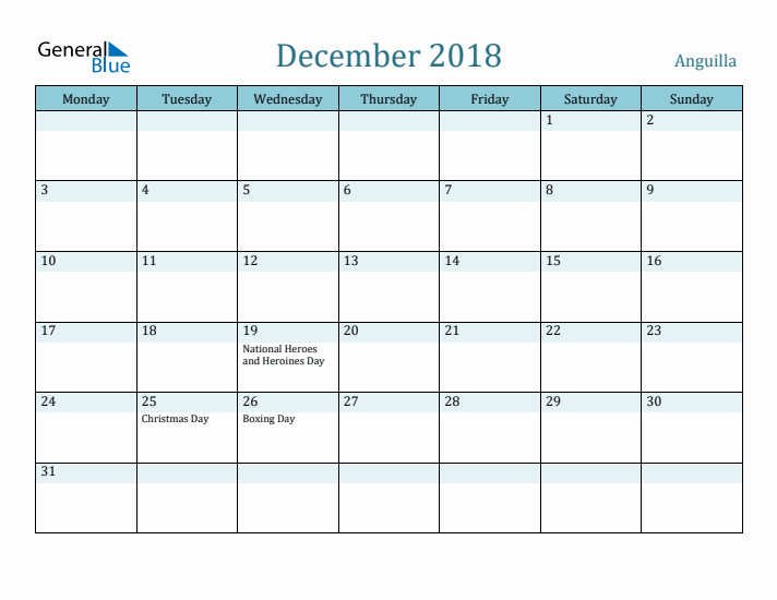 December 2018 Calendar with Holidays