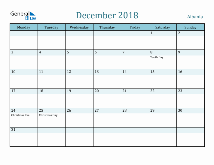 December 2018 Calendar with Holidays