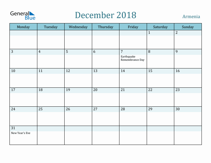 December 2018 Calendar with Holidays