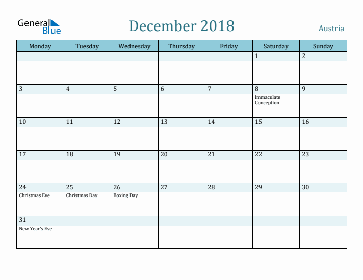 December 2018 Calendar with Holidays