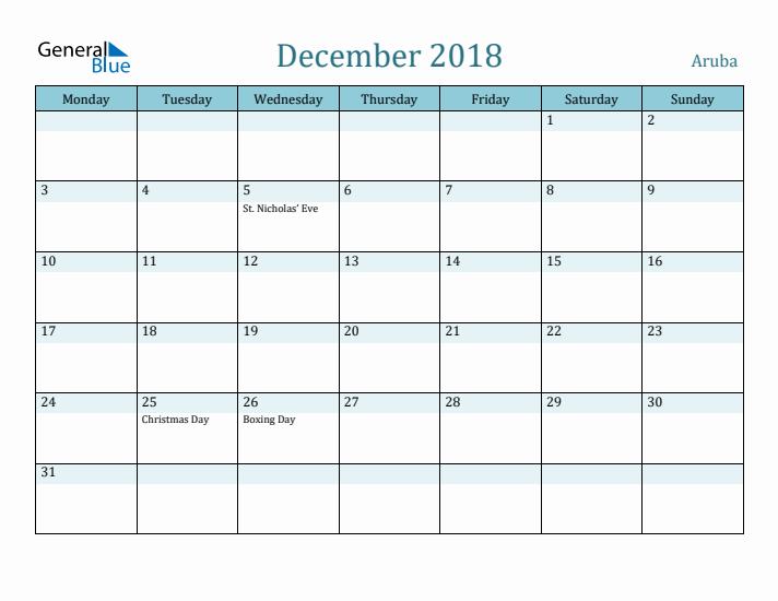 December 2018 Calendar with Holidays