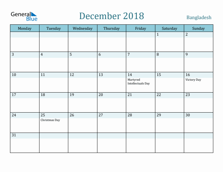 December 2018 Calendar with Holidays