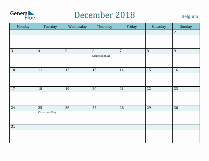 December 2018 Calendar with Holidays