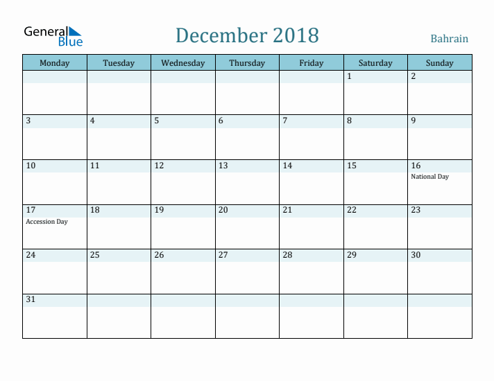 December 2018 Calendar with Holidays