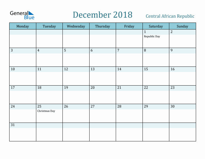 December 2018 Calendar with Holidays