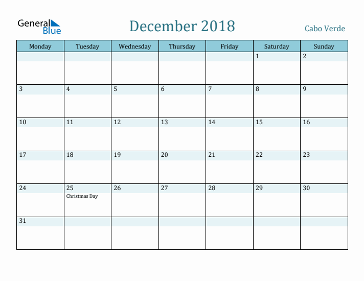 December 2018 Calendar with Holidays