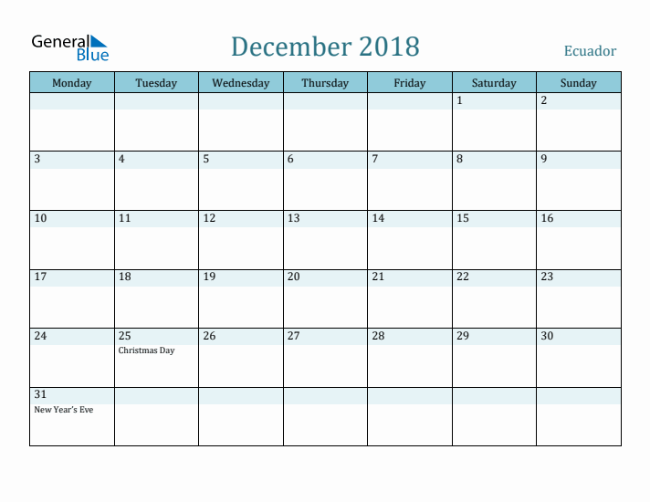 December 2018 Calendar with Holidays