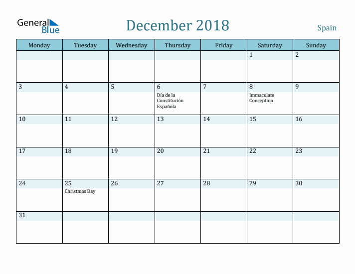 December 2018 Calendar with Holidays