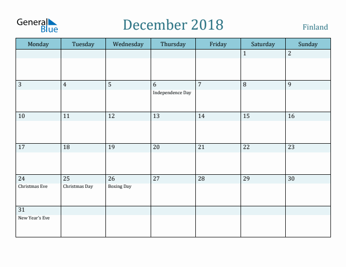 December 2018 Calendar with Holidays