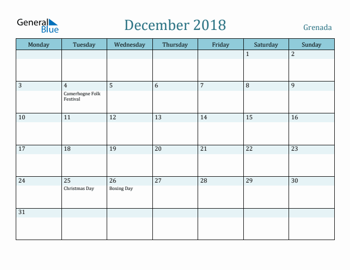 December 2018 Calendar with Holidays