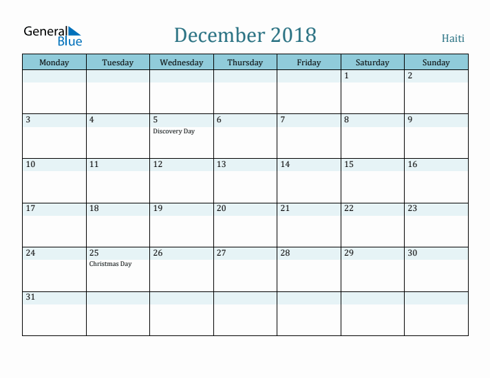 December 2018 Calendar with Holidays