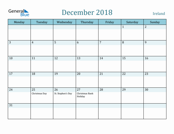 December 2018 Calendar with Holidays