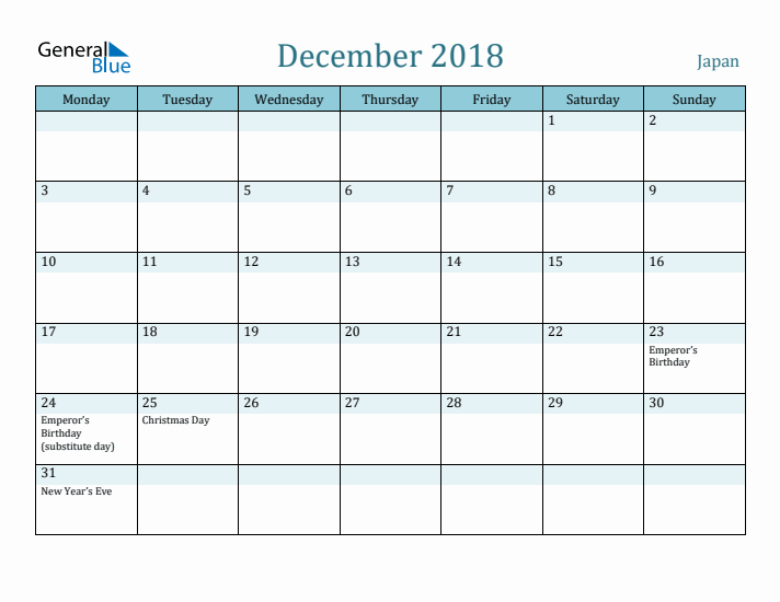 December 2018 Calendar with Holidays