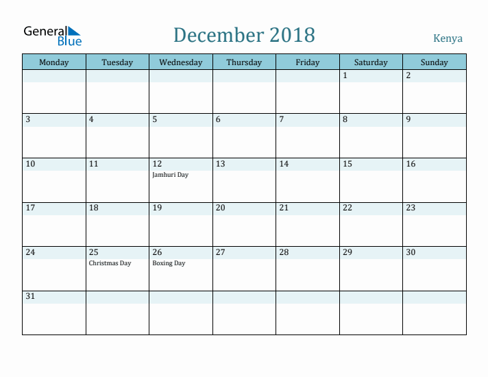 December 2018 Calendar with Holidays