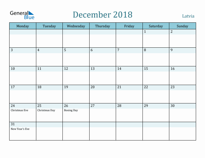 December 2018 Calendar with Holidays