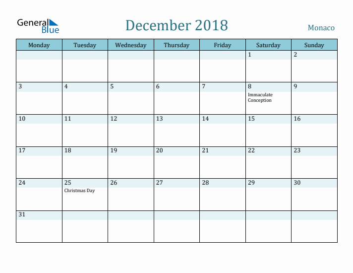 December 2018 Calendar with Holidays