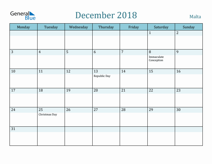 December 2018 Calendar with Holidays