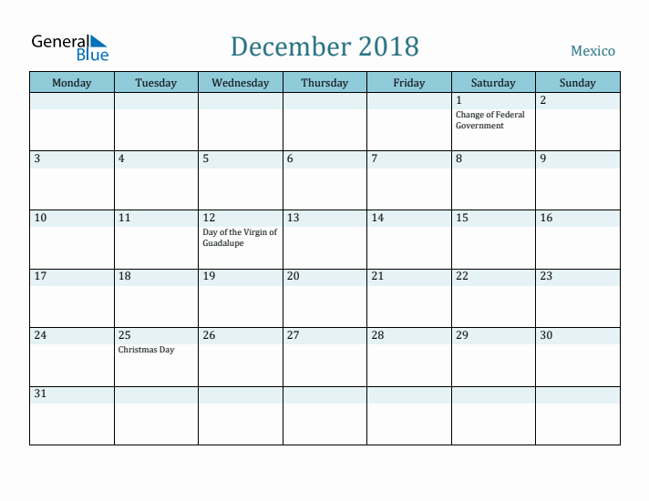 December 2018 Calendar with Holidays