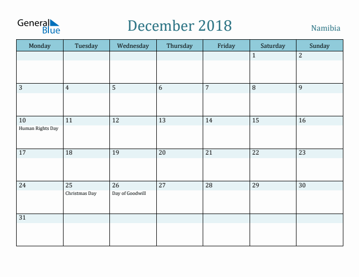 December 2018 Calendar with Holidays