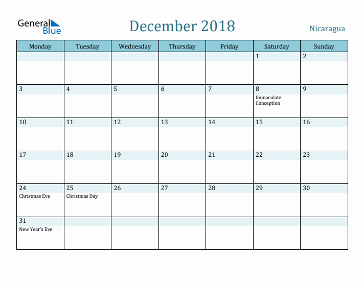 December 2018 Calendar with Holidays