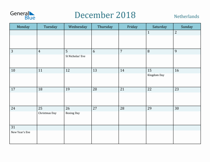 December 2018 Calendar with Holidays