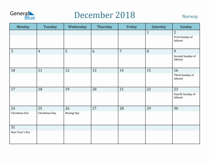 December 2018 Calendar with Holidays