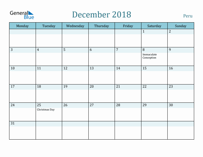 December 2018 Calendar with Holidays