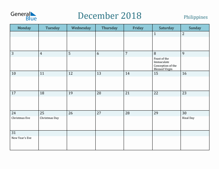 December 2018 Calendar with Holidays