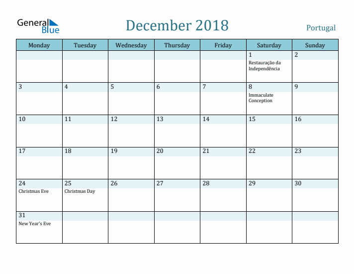 December 2018 Calendar with Holidays