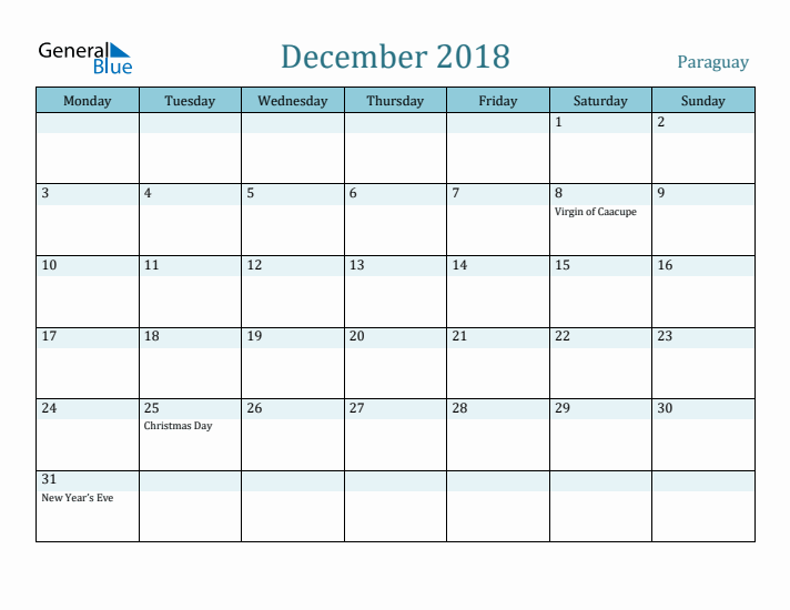 December 2018 Calendar with Holidays