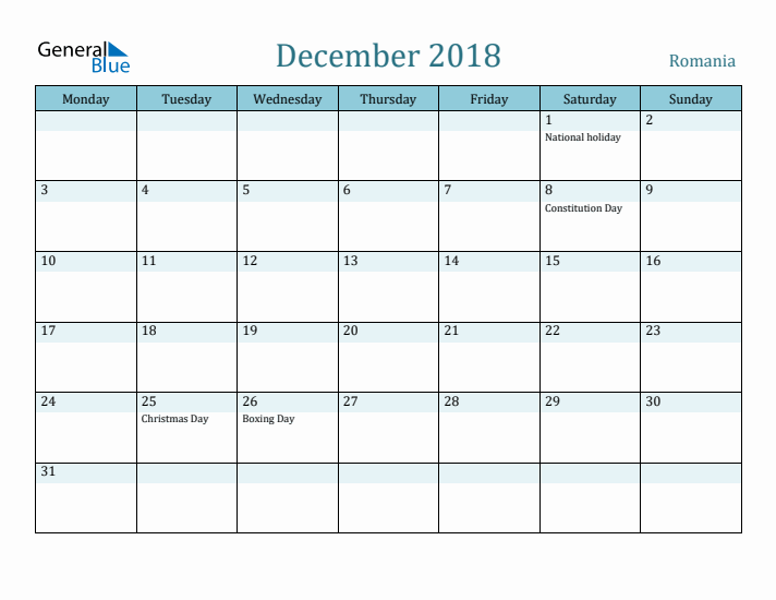 December 2018 Calendar with Holidays