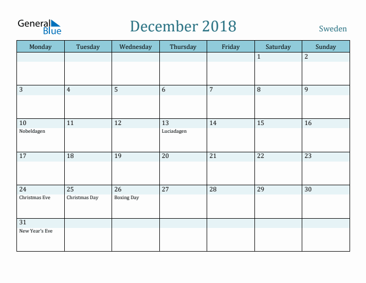 December 2018 Calendar with Holidays