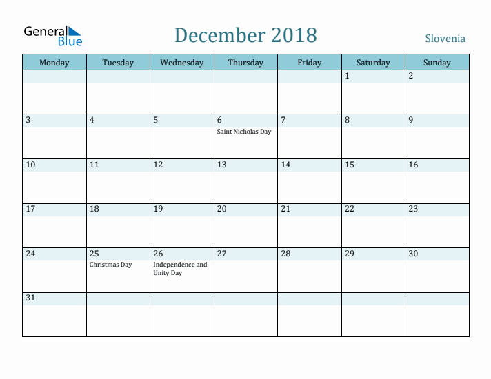 December 2018 Calendar with Holidays