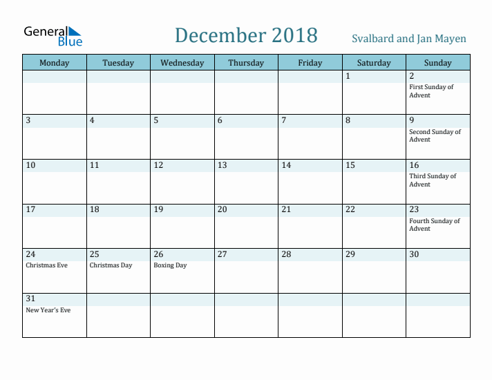 December 2018 Calendar with Holidays